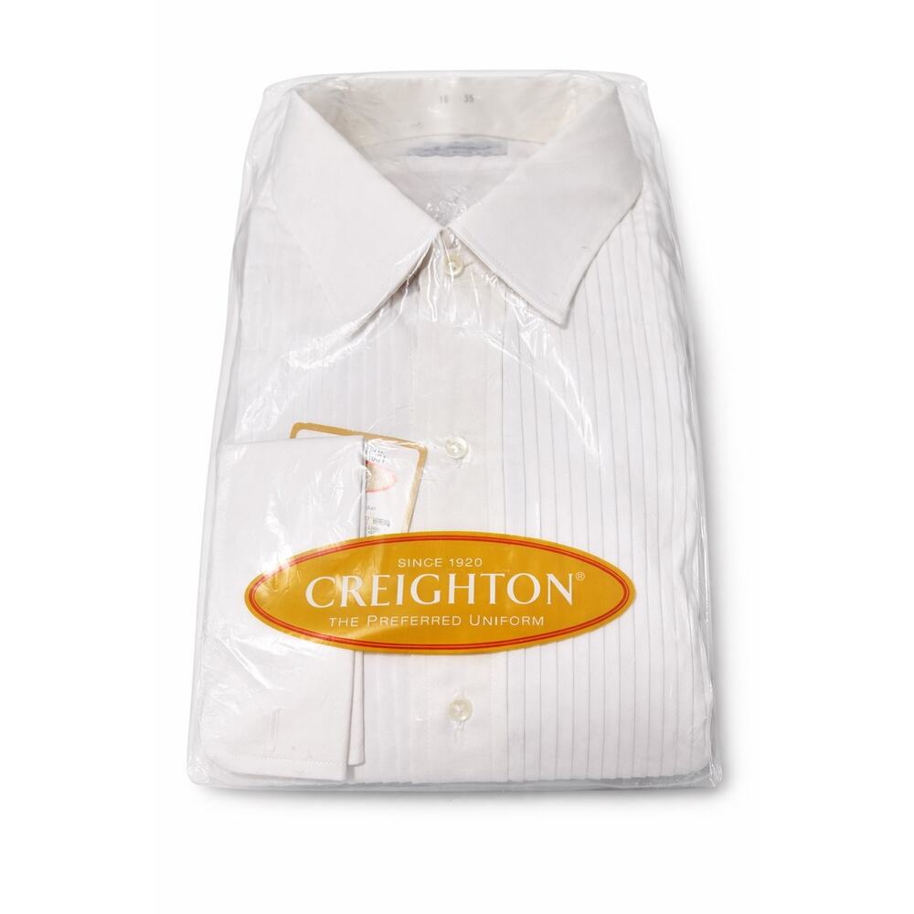 Vintage Creighton Navy Exchange Tuxedo Shirt Deadstock 18x35 Pleated USA